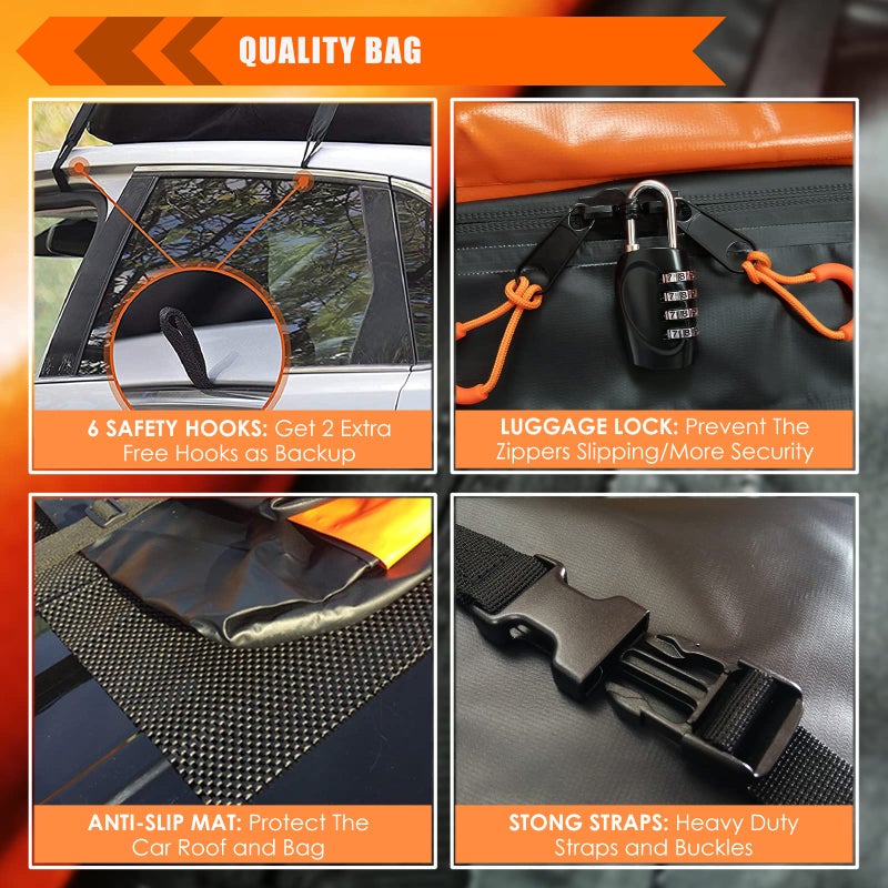 MeeFar Car Roof Bag XBEEK Rooftop top Cargo Carrier Bag Waterproof 15 Cubic feet for All Cars with/Without Rack, Includes Anti-Slip Mat, 8 Reinforced Straps, 6 Door Hooks, Luggage Lock - Image 5